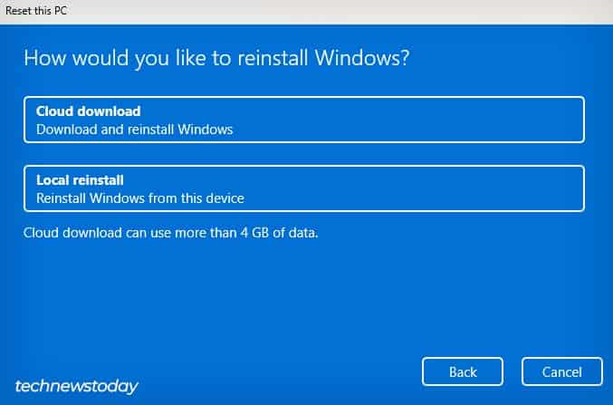 windows cloud or local reinstall