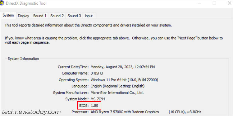 bios version in directx diagnostic tool