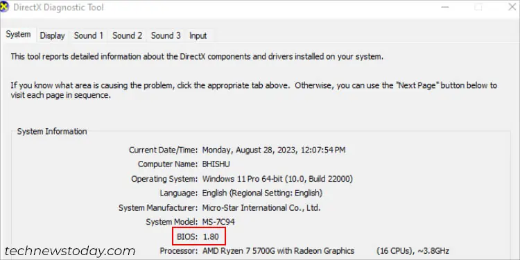 bios-version-in-directx-diagnostic-tool
