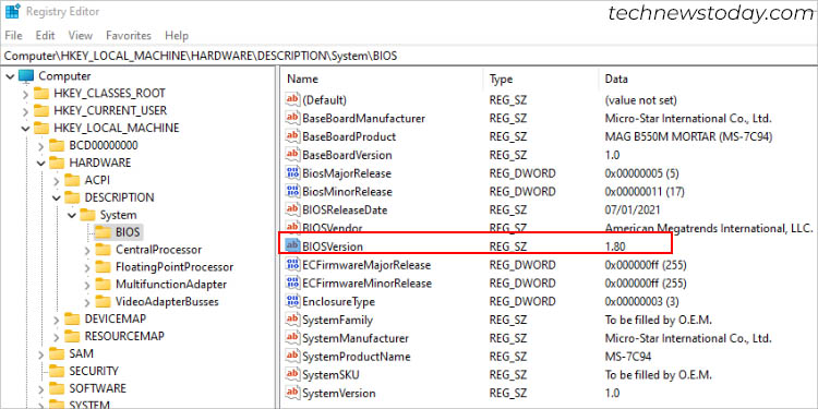 biosversion in registry editor