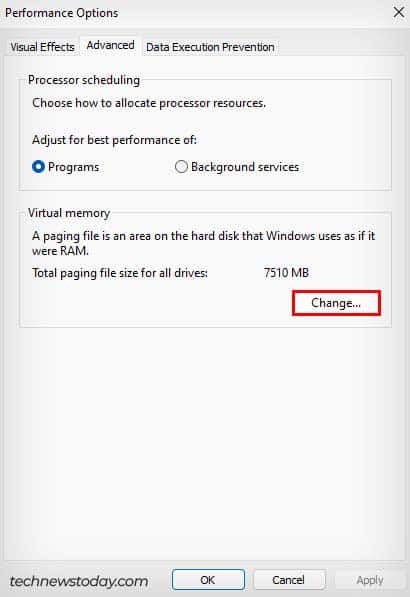 change virtual memory