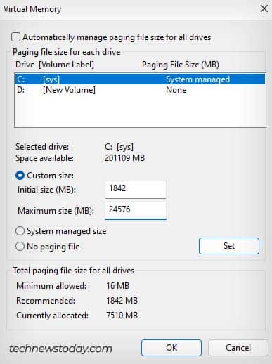 configure maximum paging file size