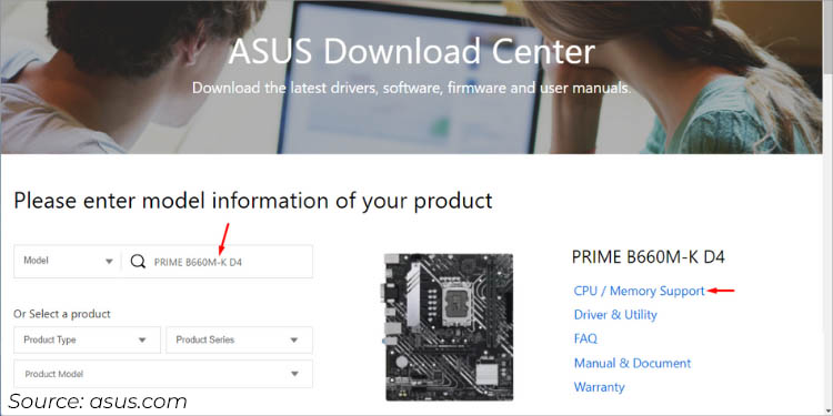 cpu memory support in asus download center