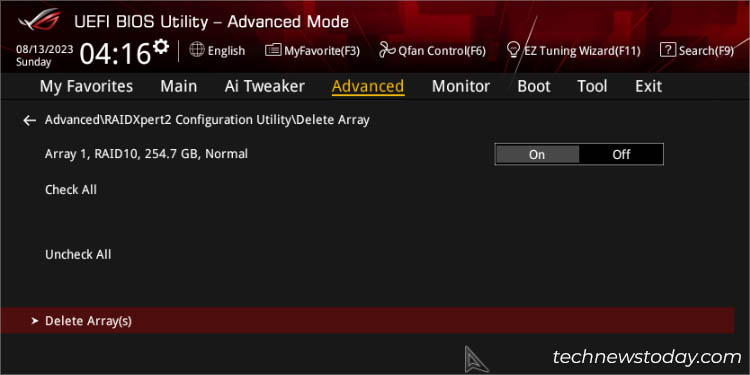 delete arrays asus amd bios