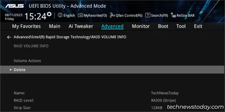 delete option asus intel raid