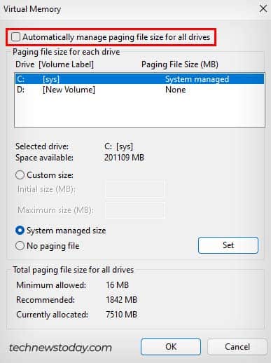 disable automatically manage paging file size for all drives