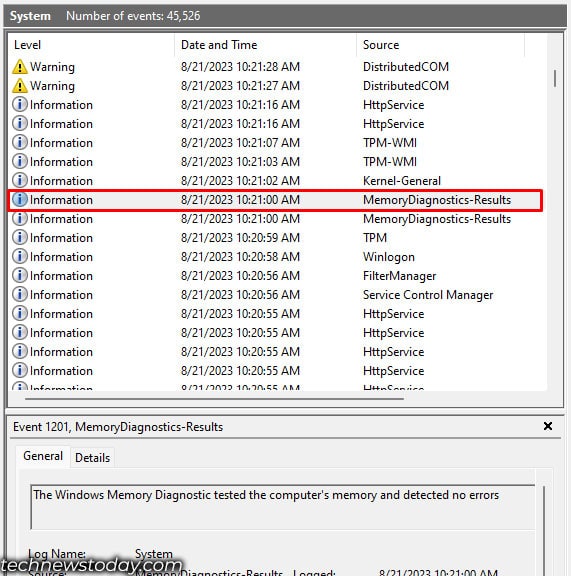 highlighted event memory test report