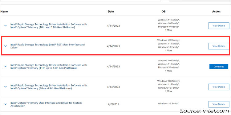 intel rst user interface and driver