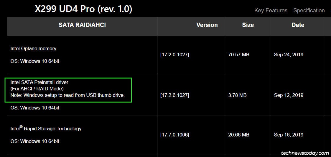 intel-sata-preinstall-driver-gigabyte-x299-ud4