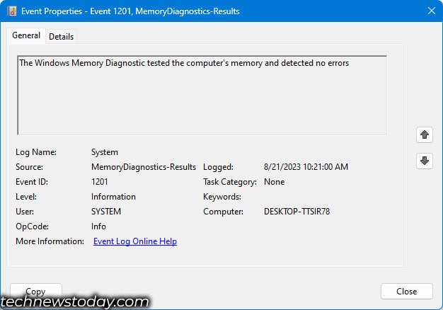 memory diagnostic results