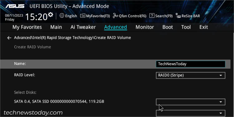 naming raid volume asus intel bios