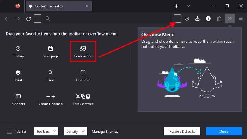 screenshot on toolbar firefox
