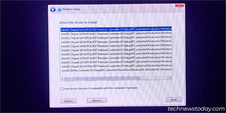 selecting intel sata or pcie driver