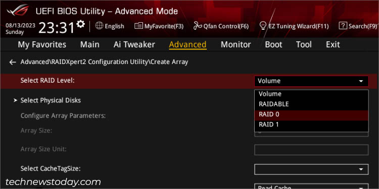 selecting raid level asus amd bios