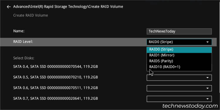 selecting raid level asus intel bios