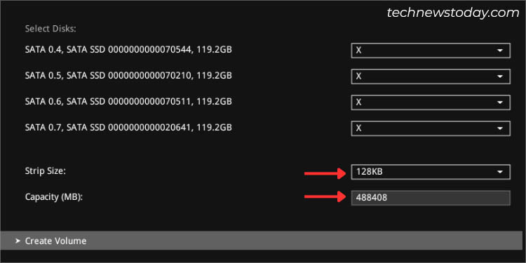set strip size and capacity before creating volume