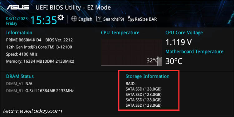 storage information section in intel asus bios ez mode