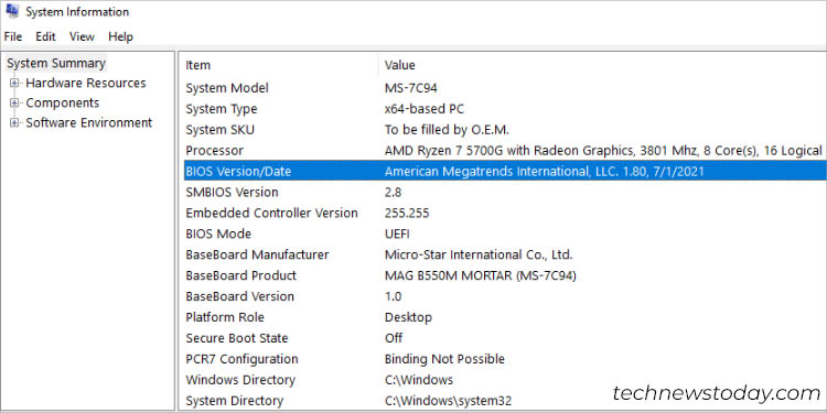 system information check bios version date