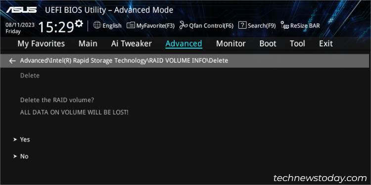 yes to delete intel asus raid