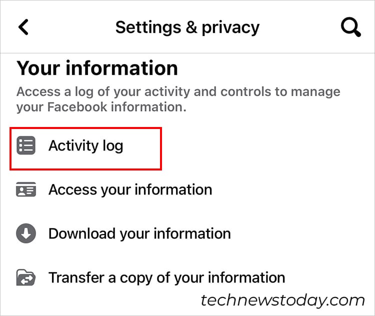 Below Your information, tap on the Activity log