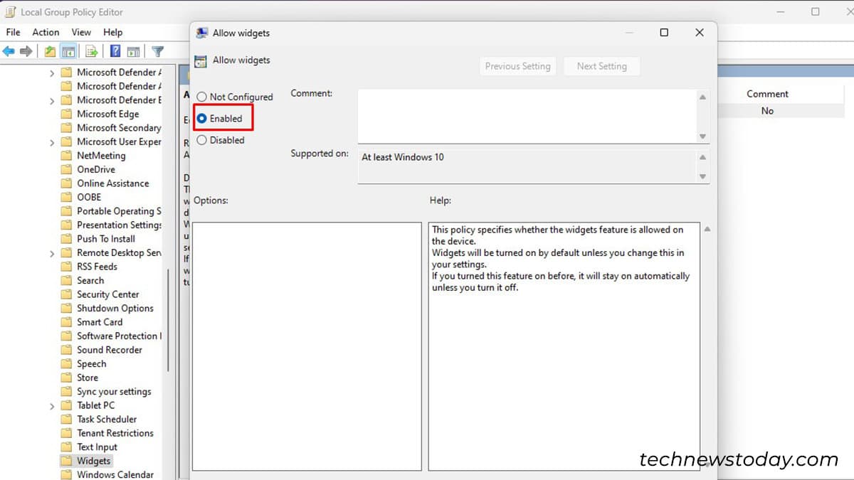 Enabled Widgets Group Policy