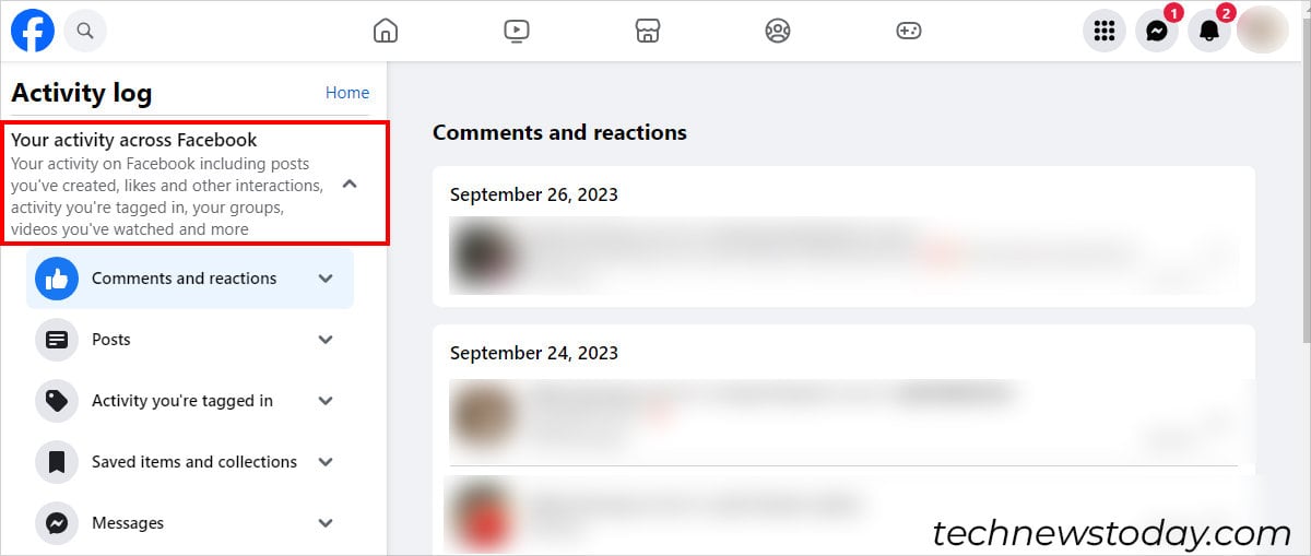 Expand Your activity across Facebook menu