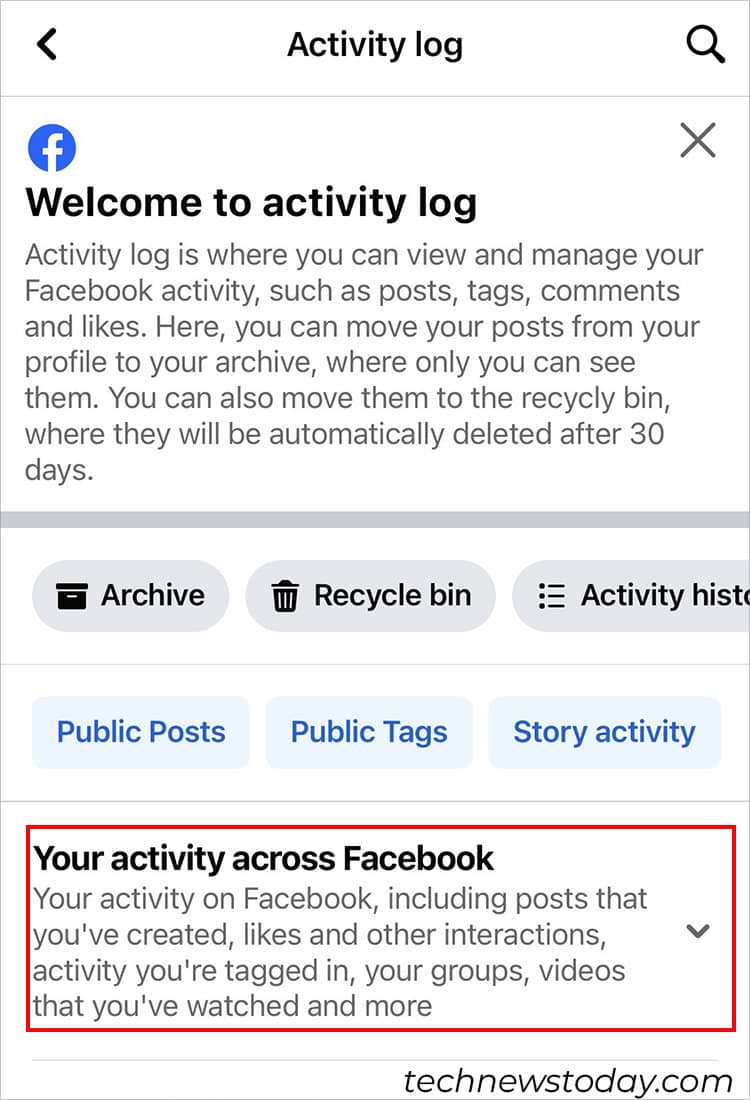 Expand Your activity across Facebook menu