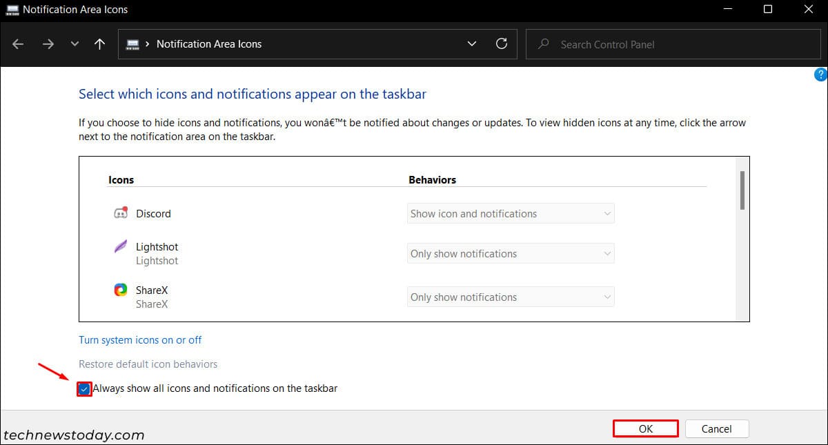 Notification Area Icons Settings
