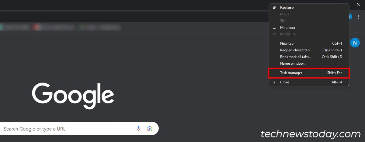 Right-click on the Browser tab area and choose Task Manager