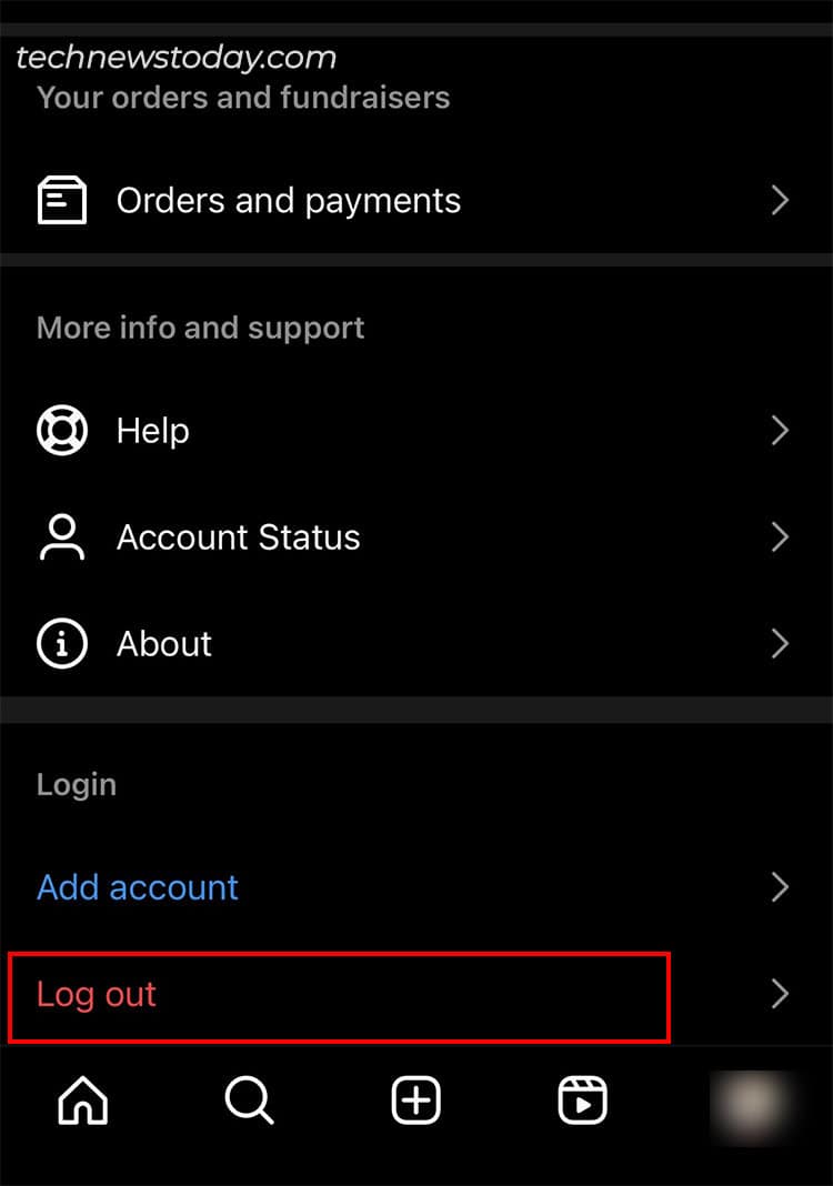 Scroll to the bottom and choose Log Out