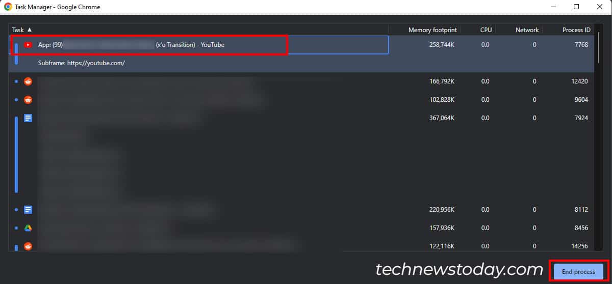 Select YouTube. Click End Process