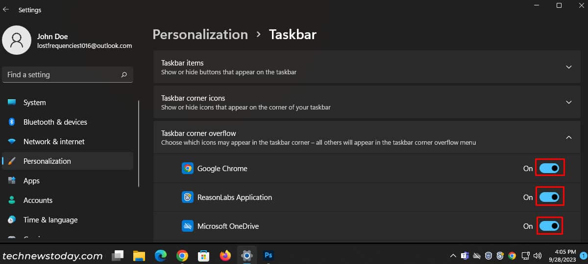 Toggle on Taskbar icons
