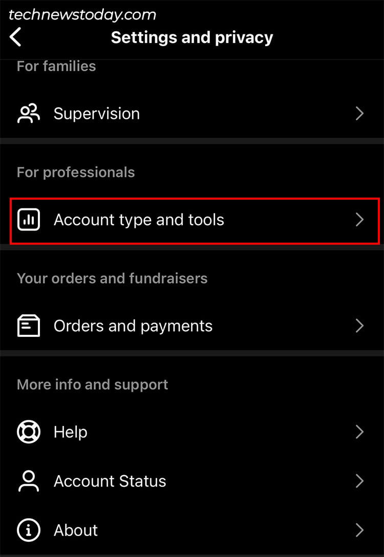 Under For Professionals, select Account type and tools