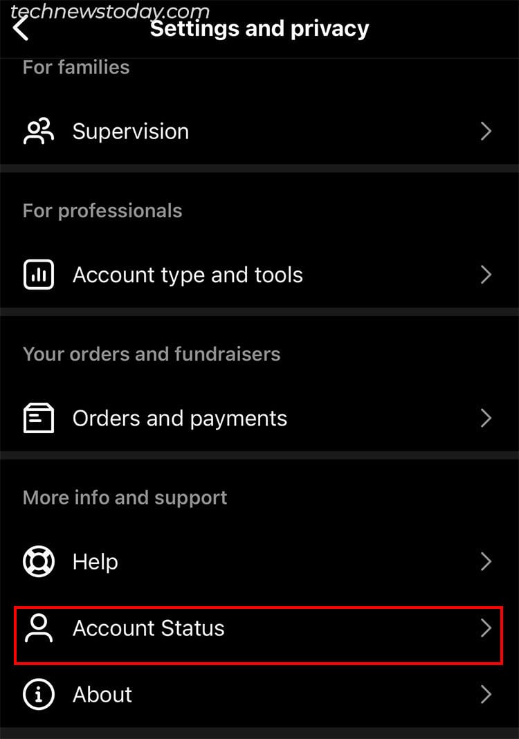 Under More info and support, tap on Account Status