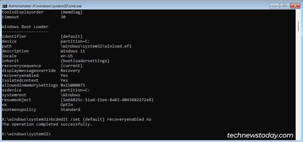bcdedit-recovery-enabled-no