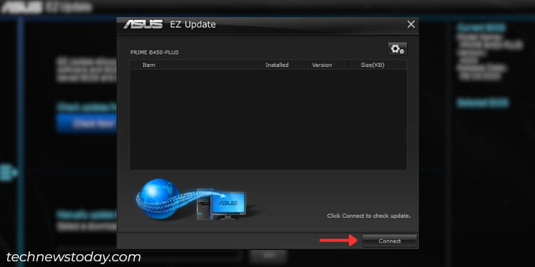 connect button in asus ez update via internet