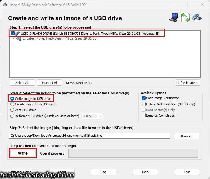 create and write image on USB drive memtest86