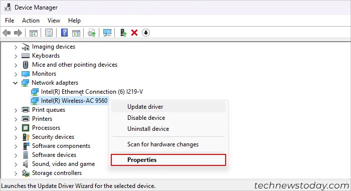 device-manager-intel-wireless-ac-9560-properties