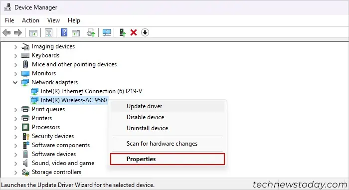 device-manager-intel-wireless-ac-9560-properties