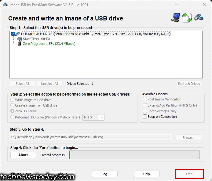 exit after zero usb drive complete