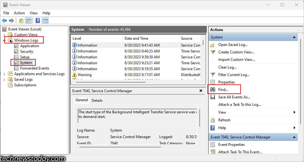 find evenviewer system logs