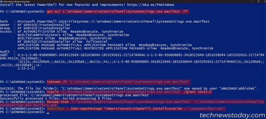 Windows 11 Settings Won't Open? Try These Fixes? 2 get-acl-immersivecontrol-panel-takeown-icacls-rename-manifest-file-reinstall