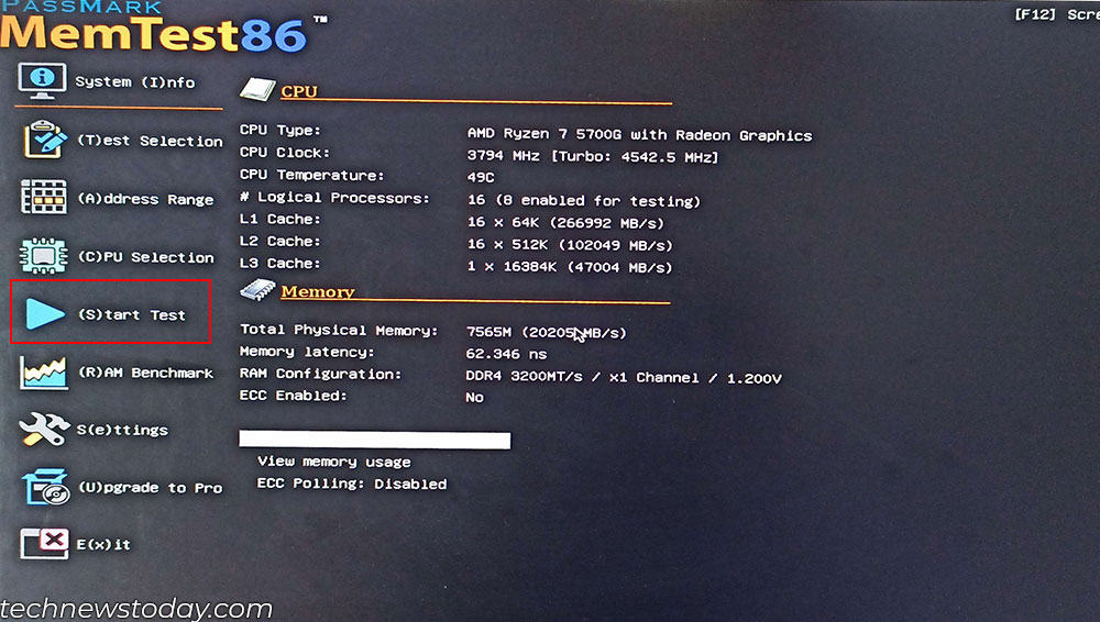 mem test 86 home screen