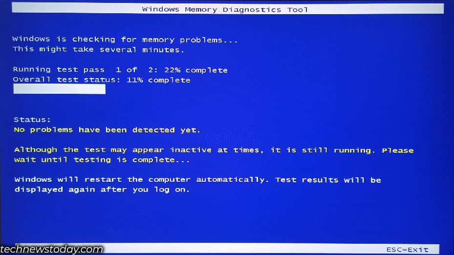 memory diagnostic test screen