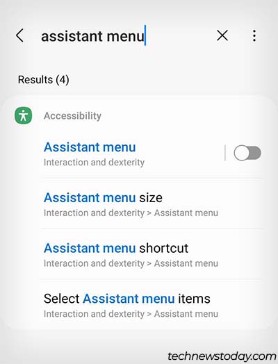 search for assistant menu