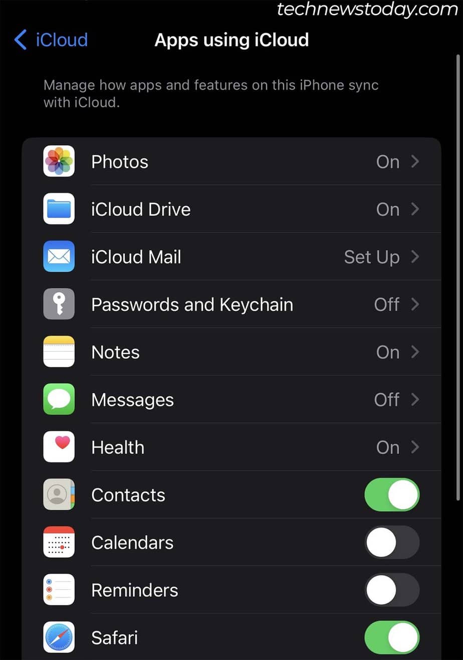 toggle off apps using icloud