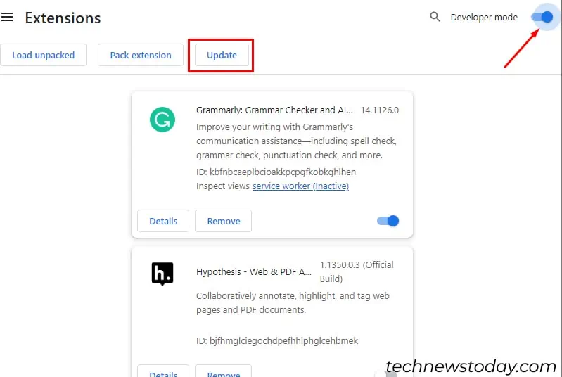 How to Fix Grammarly Not Working in Gmail 10 turn-on-developer-mode-and-select-update