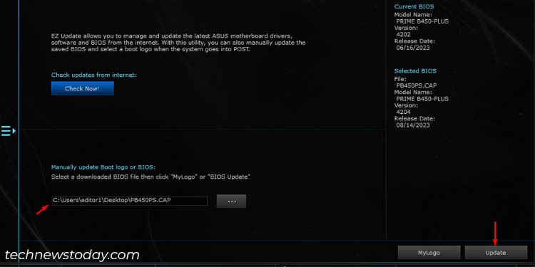update button to start asus bios update from ai suite 3