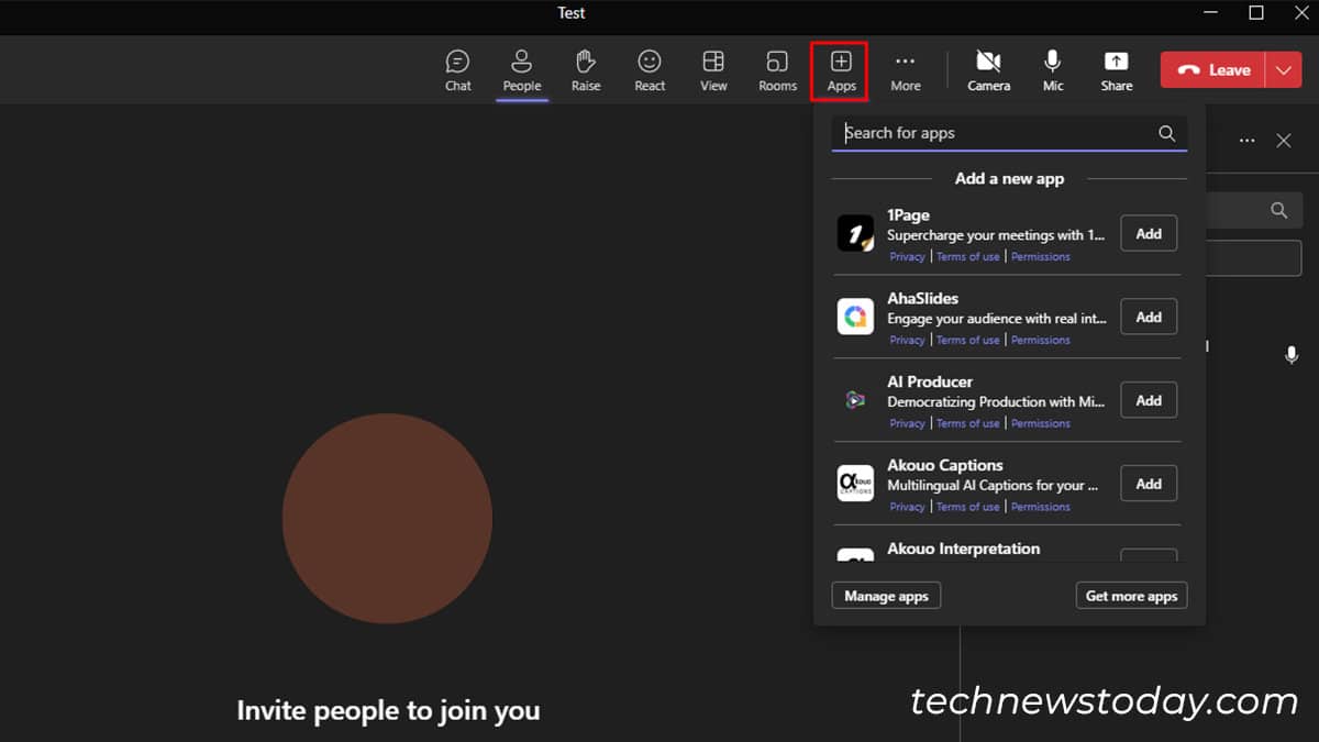 Add Apps during teams call