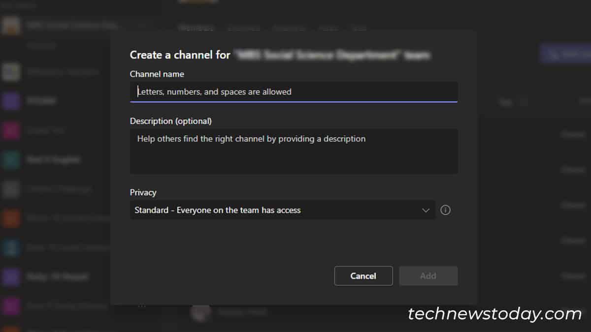 Create channel on Teams